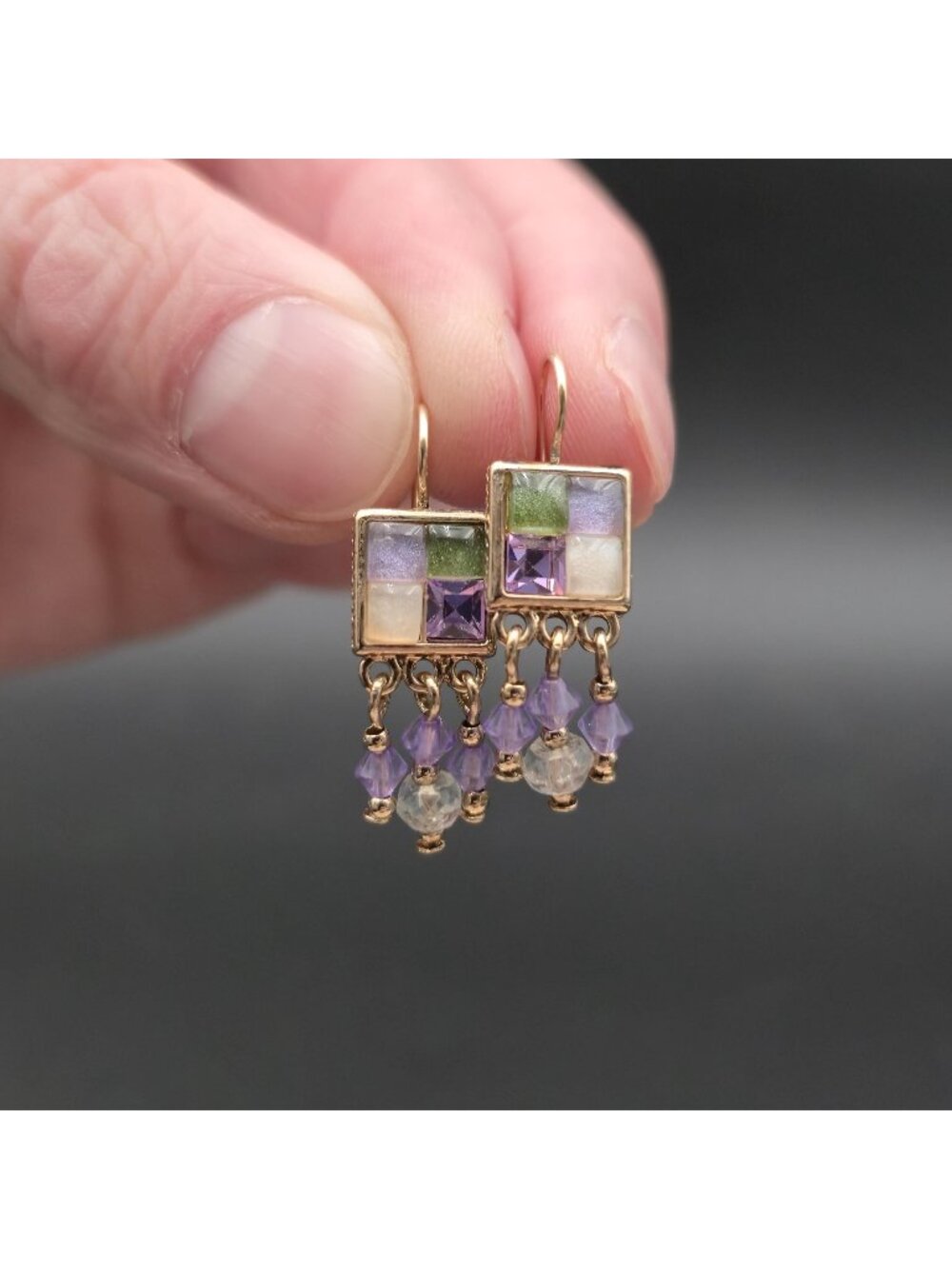 Vintage Gold Multi-Gemstone Checkerboard Inlay Chandelier Drop Earrings A8619